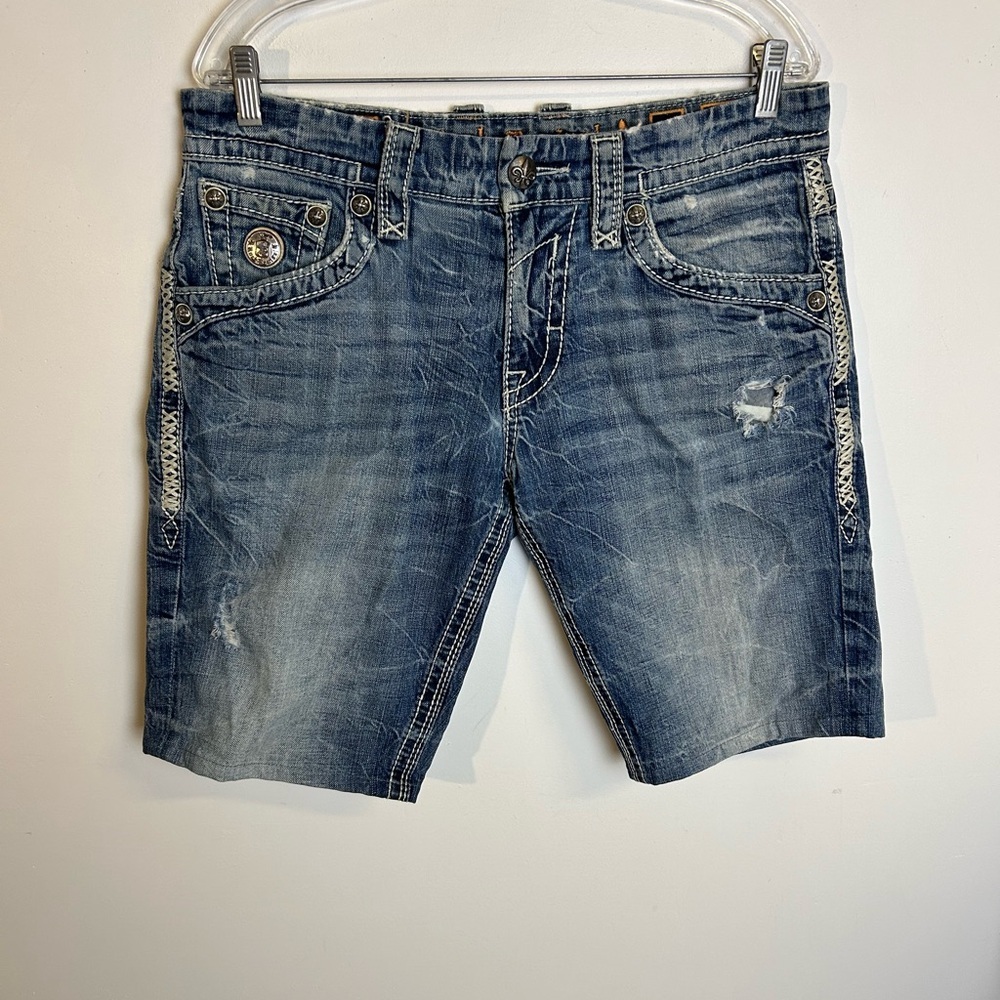 Rock Revival For Buckle Benjamin Distressed Blue relaxedstraight Denim Shorts 32
